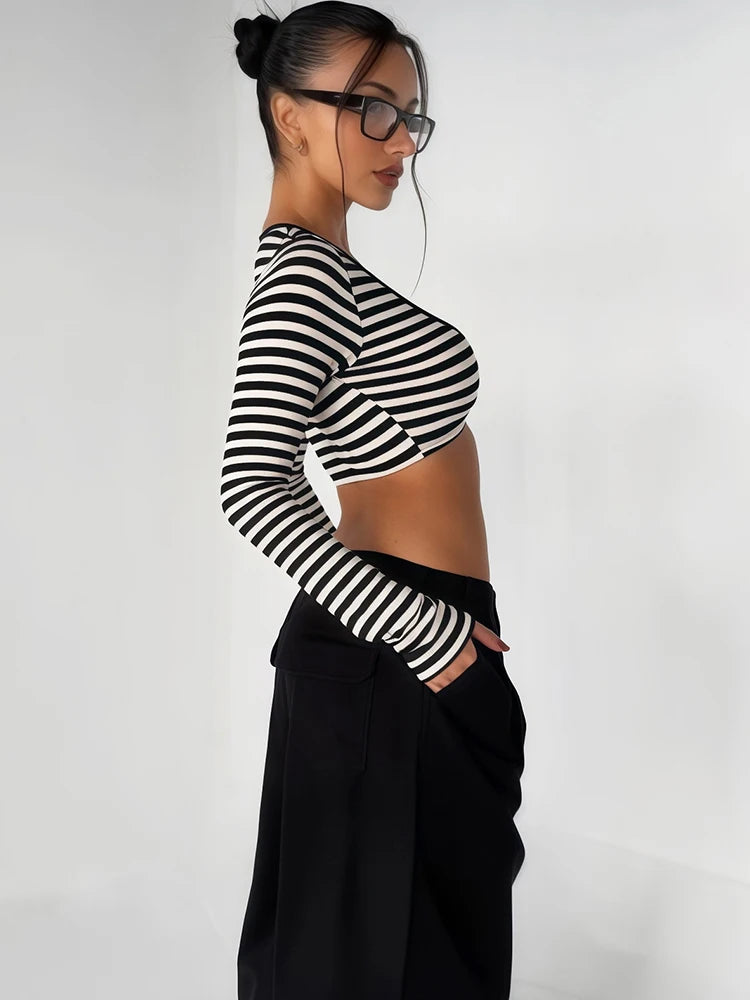 Stripes Print Crop Tops Woman Autumn Trend Low-Neck Full Sleeve Skinny Stretch High Street Versatile Style T-Shirts