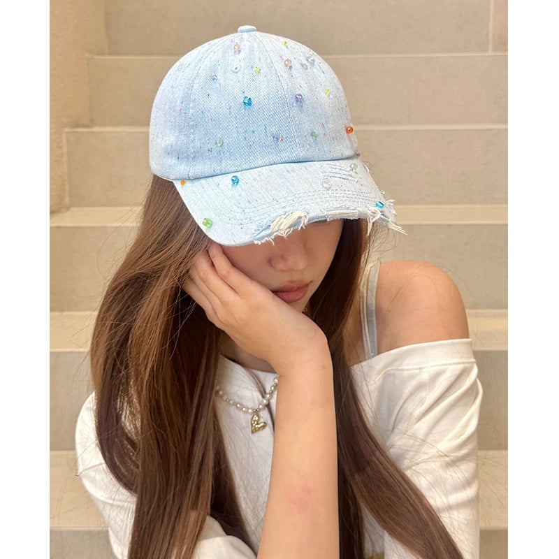 Women's Distressed Denim Baseball Cap with Colorful Beads, Light Blue Frayed Brim Hat for Beach, Sweet Street Accessory
