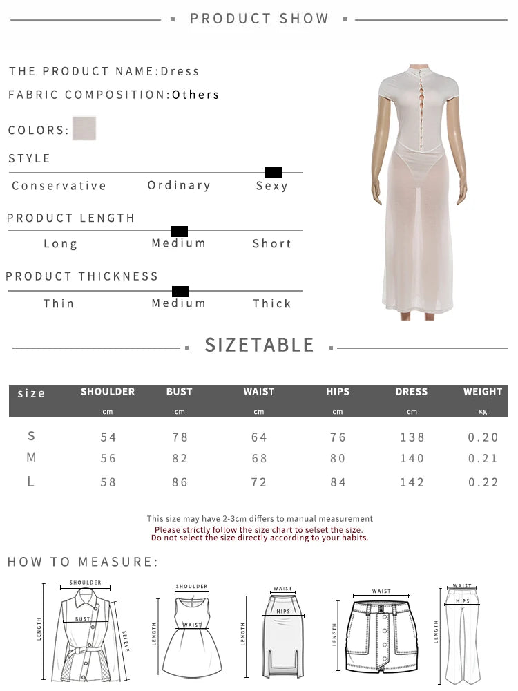 Bead Single-Breasted Dress Women Elegant Turtleneck Short Sleeve See Through Hem Basic Fashion Evening Party Vestidos