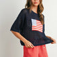 Women's Short Sleeve Crochet Knit Sweater Round Neck American Flag Graphic Pullover Loose Fit Summer Knitwear
