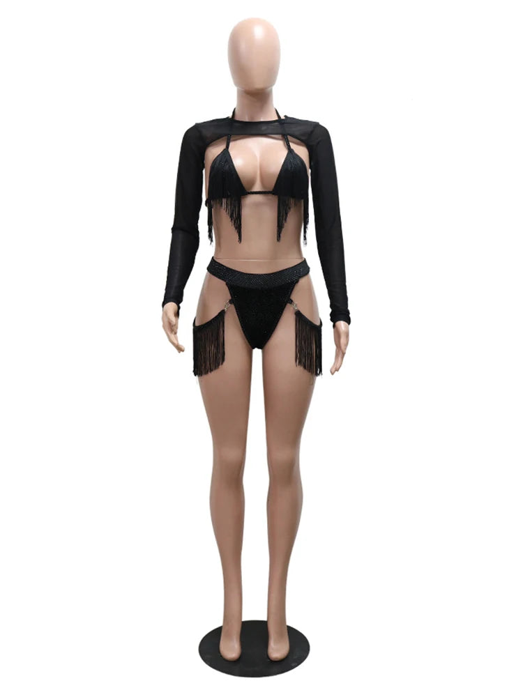 Sexy Coquette 3Piece Set Women Glitter Tassel Beach Vacation Long Sleeve Shawl+Bra Tops+Briefs Clubwear Midnight Suit