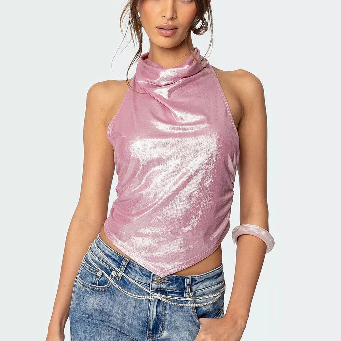 Women Shiny Halter Neck Tops Summer Sparkly Slim Fit Open Back Sleeveless Ruched Crop Vest for Daily Party Club