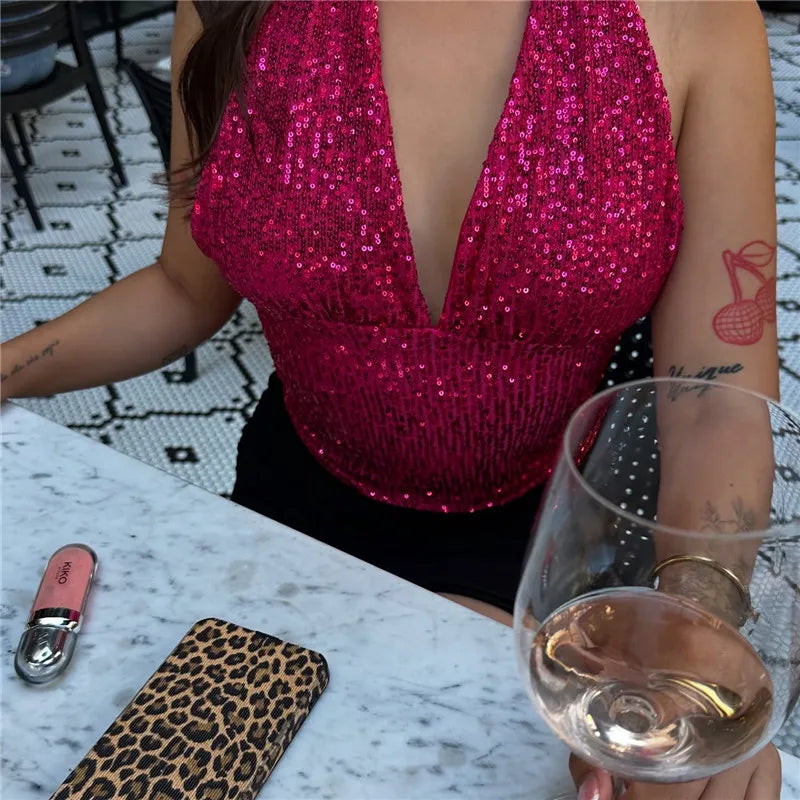 Chic Sequins Women Tank Vest Halter Backless Sleeveless Crop Top Female Summer Lady Party Club Outfits Y2K Streetwear