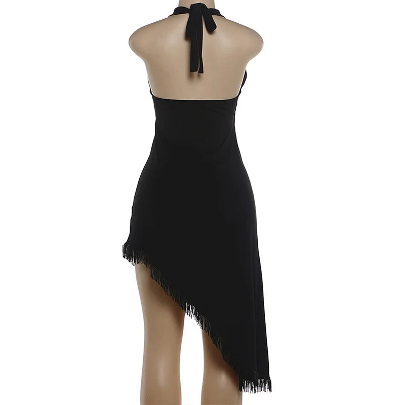 Deep V Neck Fringed Dress 2026 Fashion Sexy Black Asymmetric Midi Dresses for Woman Party Wear