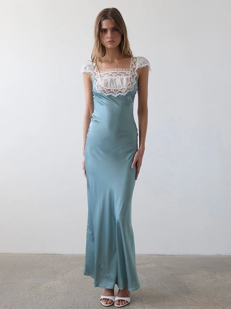 Satin Lace Black Elegant Dresses Party Flying Sleeves Backless Long Fishtail Dress 2026 Woman Clothes