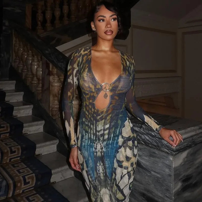 Butterfly Print Mesh Sheer Deep V Neck Long Sleeve Maxi Dresses 2026 Woman Party Dress Sexy Outfits