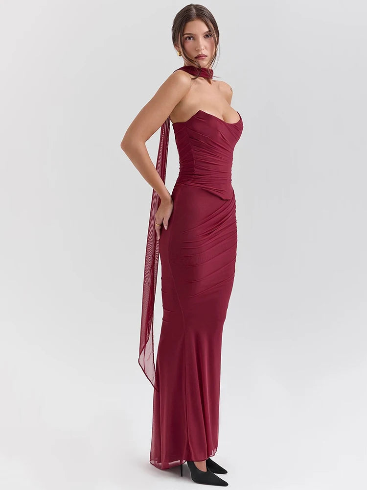 Wine Red Sexy Two Piece Sets Women Neckerchief Strapless Crop Tops And Maxi Skirt Sets Club Party Skirt Two Piece Sets