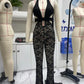 Women Sexy See Through Long Pant Jumpsuit Chic Deep V Neck Floral Lace Romper Cut Out Mesh Outfits Playsuit Streetwear