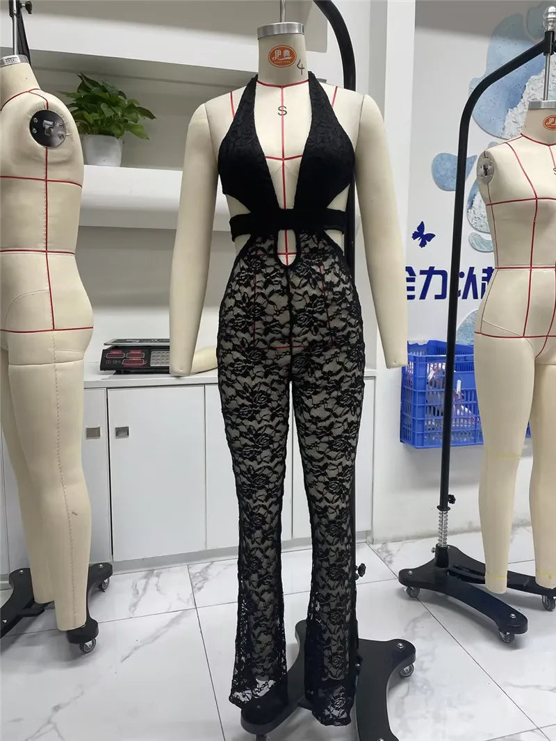 Women Sexy See Through Long Pant Jumpsuit Chic Deep V Neck Floral Lace Romper Cut Out Mesh Outfits Playsuit Streetwear