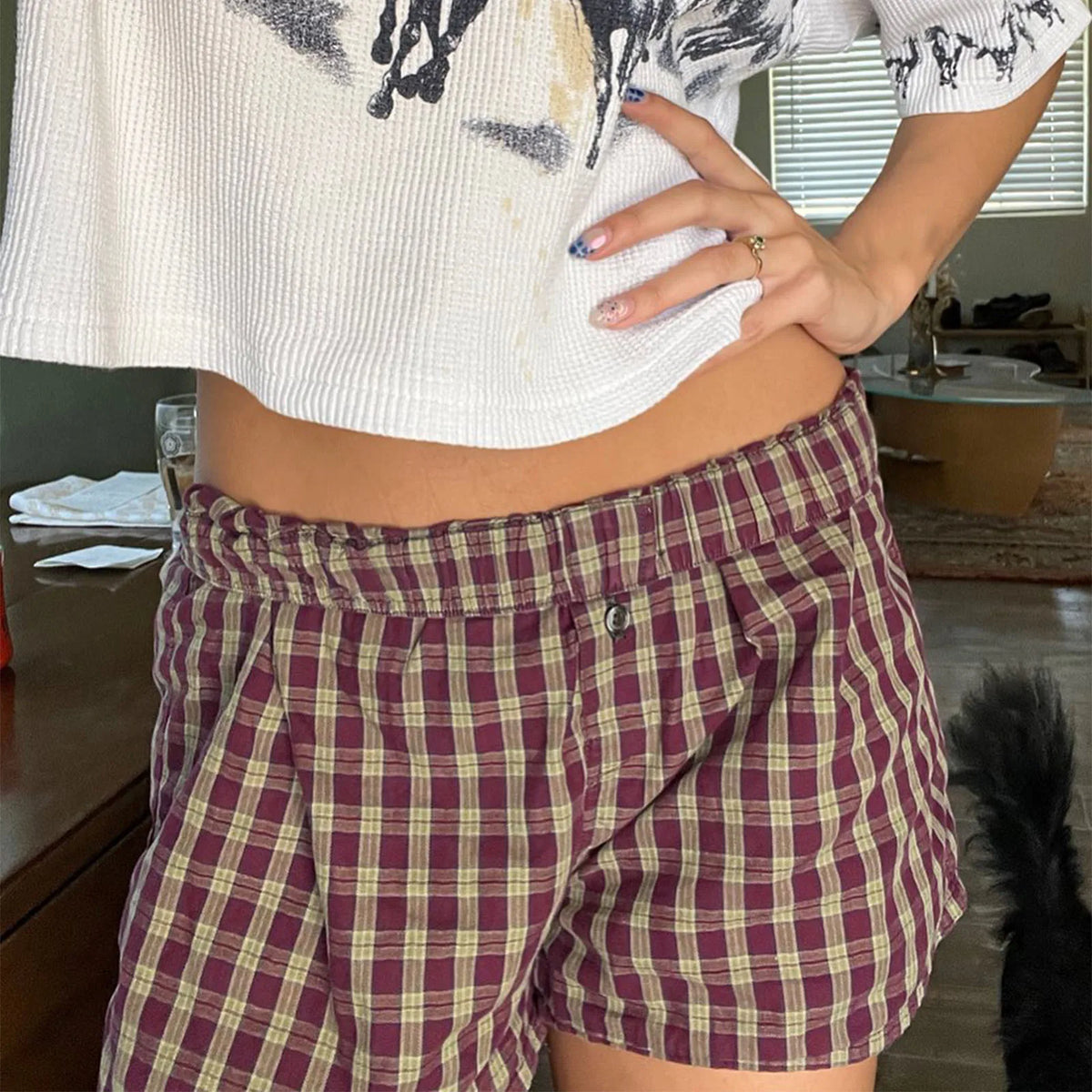 Women Y2k Gingham Boxer Shorts Stripes Button Elastic Waist Boxers Cute Mini Bloomers Plaid Loose Fit Boy Shorts