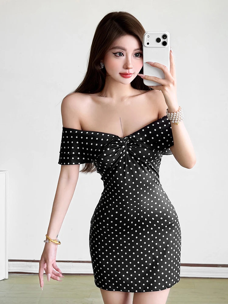 Sexy  Fashion Polka Dot Print Dress Women Slash Neck Ruched Patchwork Sleeveless Summer Street Party Chic Mini Bodycon