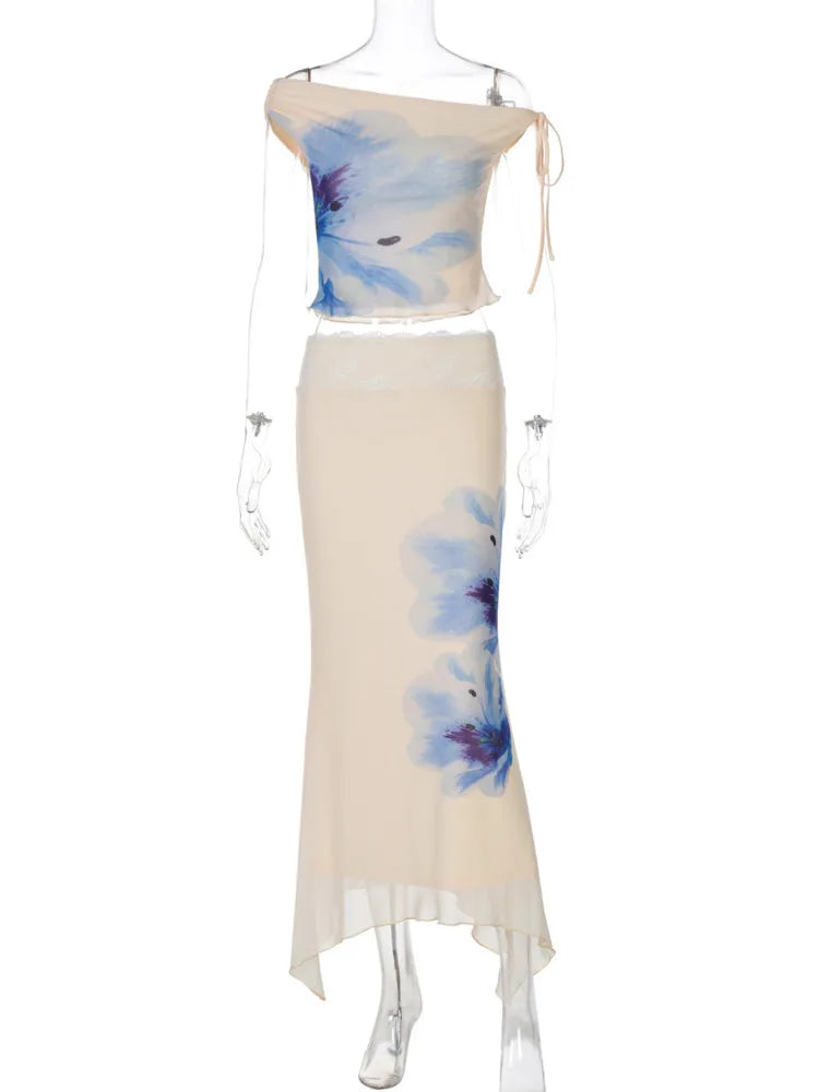 Print Beach Sexy Skirt Two Piece Sets Women Oblique Shoulder Tank Tops And Maxi Skirt Female Club 2 Piece Sets Fashion