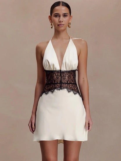 Lace Patchwork Sexy Mini Dress Women Gown Elegant Halter V Neck Sleeveless Backless High Waist Club Party Dresses