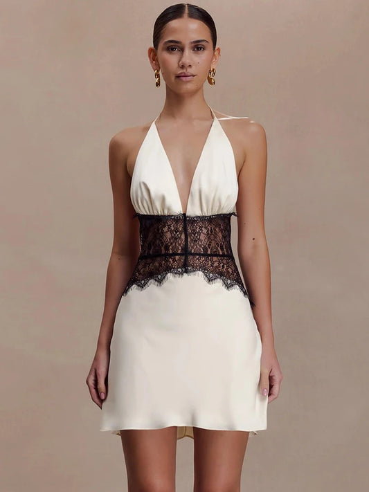 Lace Patchwork Sexy Mini Dress Women Gown Elegant Halter V Neck Sleeveless Backless High Waist Club Party Dresses