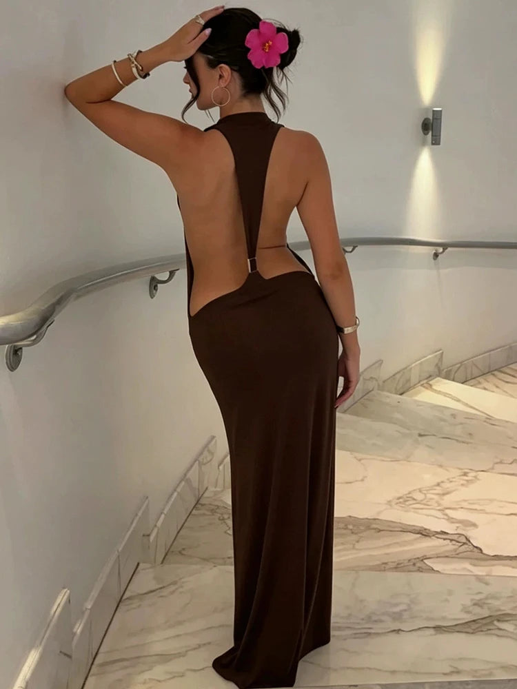 Halter Open Back Mermaid Sexy Maxi Dress Women Metal Buckle Bodycon Sleeveless Backless Evening Club Party Long Dress