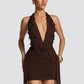 Halter Deep V Neck Backless Sexy Mini Dress Women Teardrop Crystals Off-shoulder Draped Ruched Skinny Club Party Dress