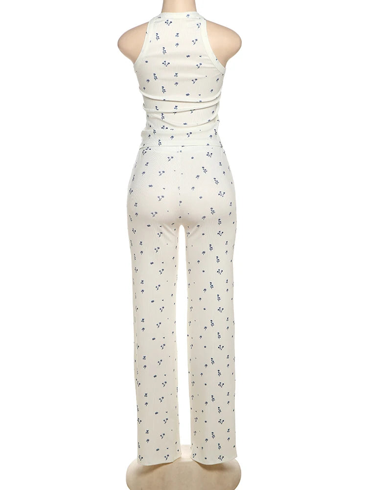 Casual Ribbed 2 Piece Set Women Flower Print Squard Collar Tops+Straight Pants Matching Daily Simple Elegant Suits
