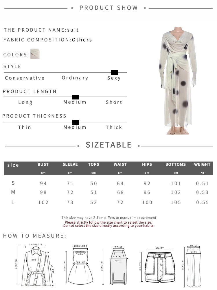 Cihc 3-Piece Set Women Round Print Swing Collar Full Sleeve See Throug Crop Tops+Simple Pant+Bandage Skirt Autumn Suit