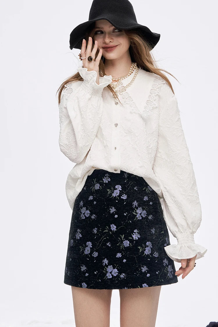 Y2K High Waist Gothic Floral A-Line Skirt Women, Black Skirt with Purple Print, Romantic Shoujo Cute Short Skirt