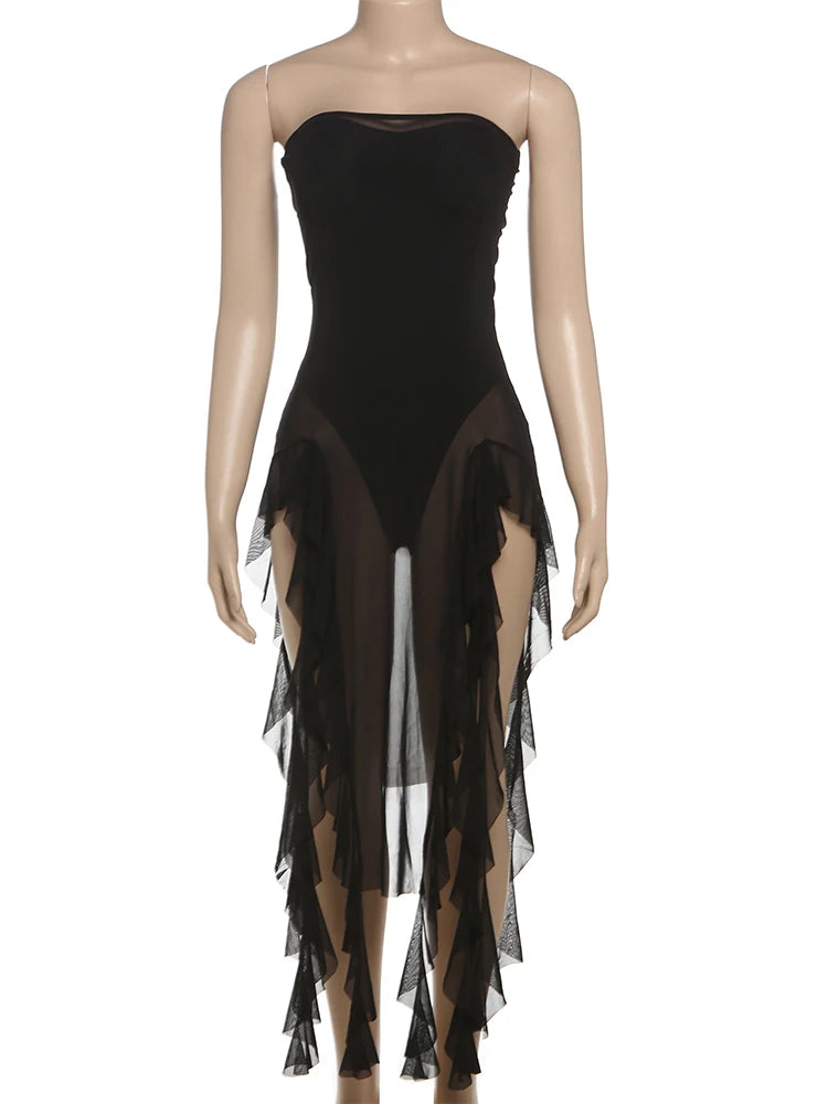 Strapless Bodysuit Women Mesh Irregular Tassel Summer Y2K Sleeveless Tight Hipster Midnight Beach Vacation Body Tops