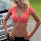 Summer Women Deep V Neck Puff Sleeve Crop Top Button Front Slim Fit Short Cropped T Shirt Casual Solid Streetwear Blouse