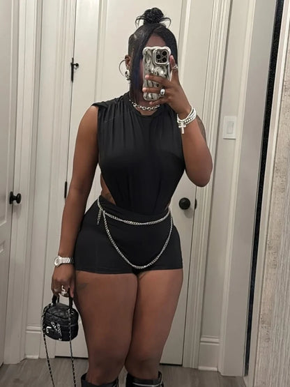 Street Side Split Romper Women Coquette Sleeveless Hipster Sexy Ruched Shoulder Solid Stretch Midnight Clubwear Playsuit