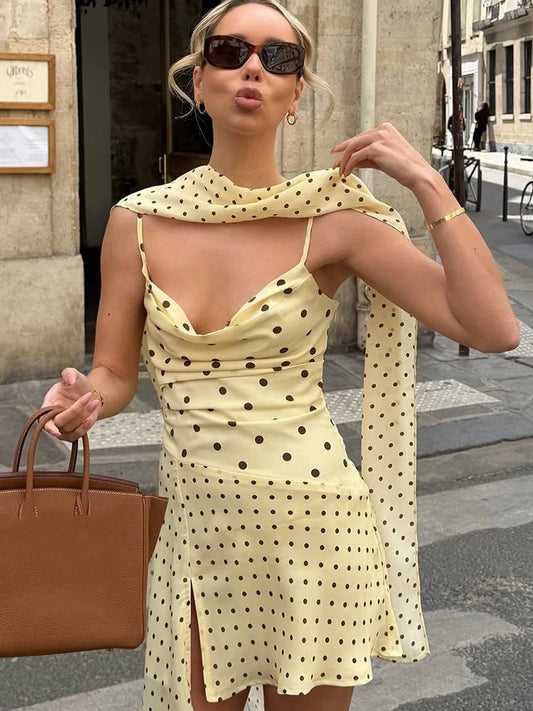 Ruched Elegant Sling Dress + Scarf Woman Polka Dot Print Low-Neck Backless Irregular Hem Street Y2K Style Mini Bodycon