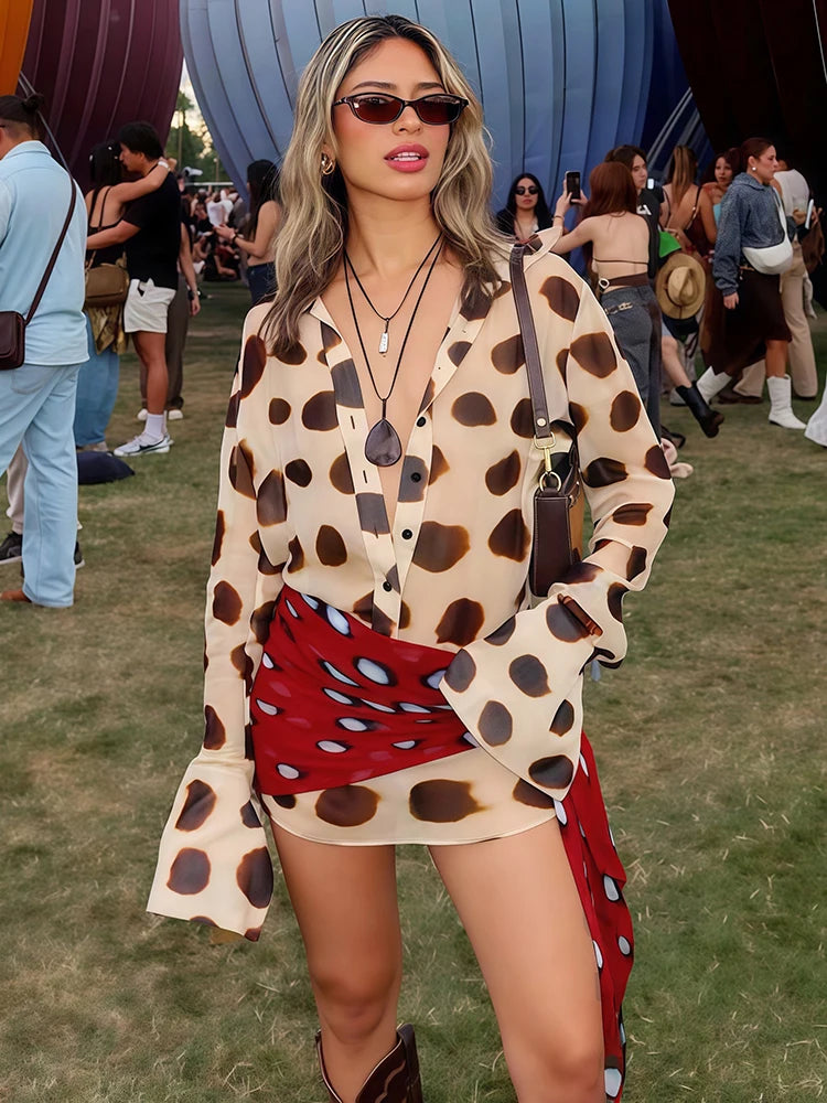 Dot Print Mini Dress Woman Autumn Trend Single-Breasted Lapel Full Sleeve Silk Scarf Strap Patchwork Fashion Bodycon