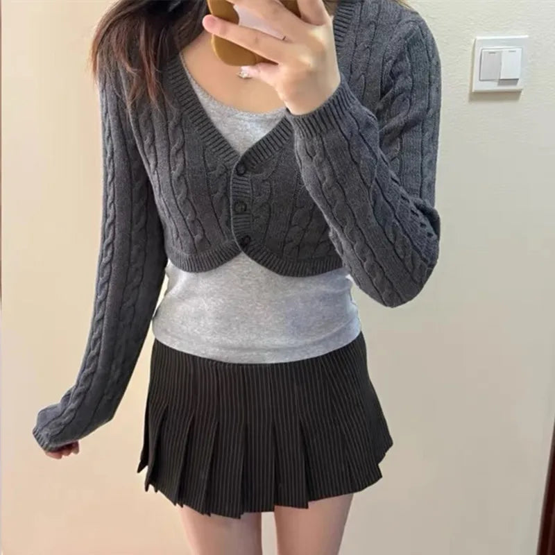 Women Y2K Cable Knit Cropped Bolero Cardigan V Neck Button Long Sleeve Super Short Knit Shrug Sweater Outerwear Tops