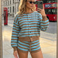 Knit Striped 2Pcs Loungewear Set Women Button Front Cropped Cardigan Drawstring Mini Shorts Sleepwear Casual Tracksuit