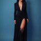 Women Glitter Maxi Evening Dress Deep V Neck Long Sleeve Ruched High Slit Formal Party Dress For Wedding Guest Prom