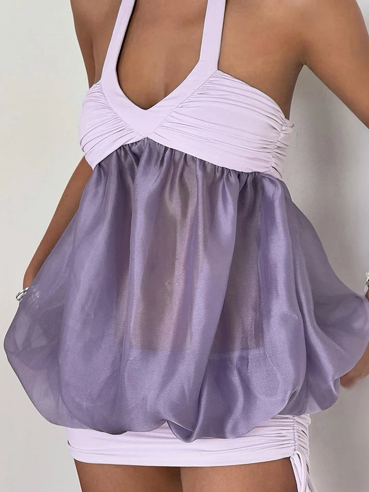 Low-Neck Mesh Patchwork Mini Dress Woman Lace-Up Halter Backless Shirring Skinny Wrap Hip Street Elegant Style Bodycon