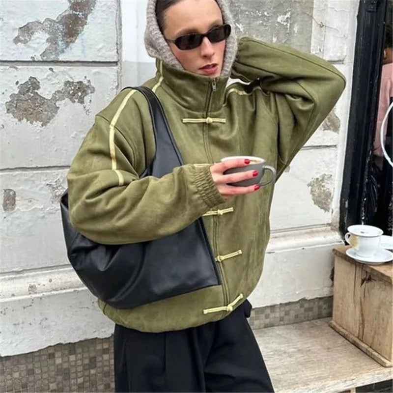Ladies Stand Collar Zip Up Outerwear Chinese Frog Buttons Side Striped Oversized Loose Suede Jacket Vintage Streetwear