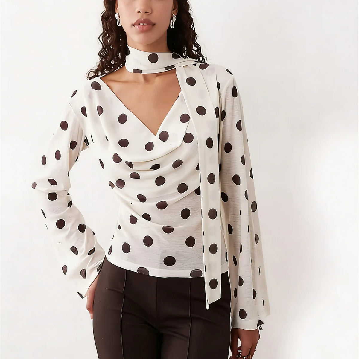 Womens Long Sleeve Tops Slim Fit Stylish High Street Dots Print Cowl Neck T-Shirt with Scarf 2 Pcs Set for Fall Spring