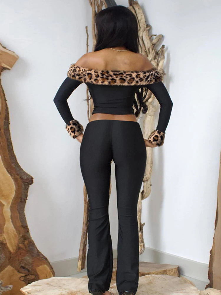 Fluff Leopard  2 Piece Set Women Slash Neck Backless Full Sleeve Crop Tops+Skinny Pants High Street Wild Style Suits