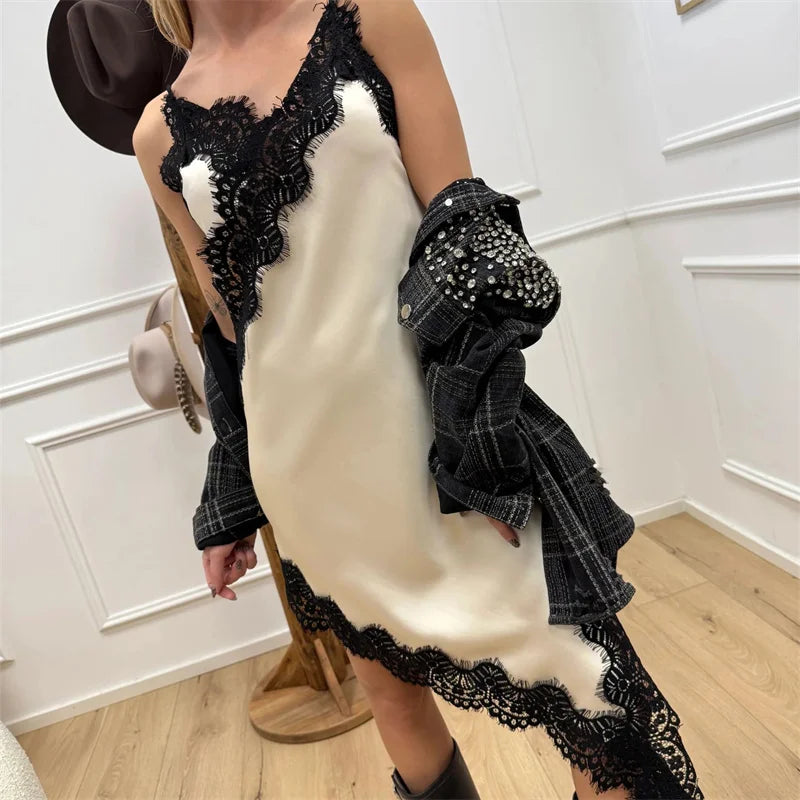 Sleeveless Spaghetti Strap V Neck Lace Patchwork Satin Dress Women's Midi Cami Dress Fashion Summer Party Club Dress