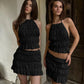 Cute 2 Piece Sets Woman Summer Outfits Chiffon Sheer Smocked Mini Skirt and Backless Halter Top