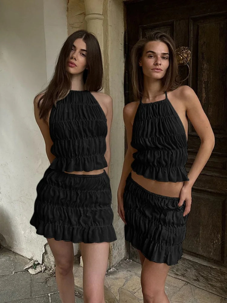 Cute 2 Piece Sets Woman Summer Outfits Chiffon Sheer Smocked Mini Skirt and Backless Halter Top