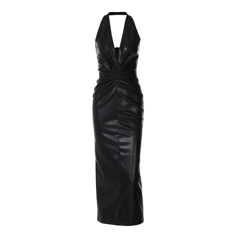 Faux-leather Halter-neck Maxi Dress Deep V Front Twist-ruched Black Evening Dresses for Woman