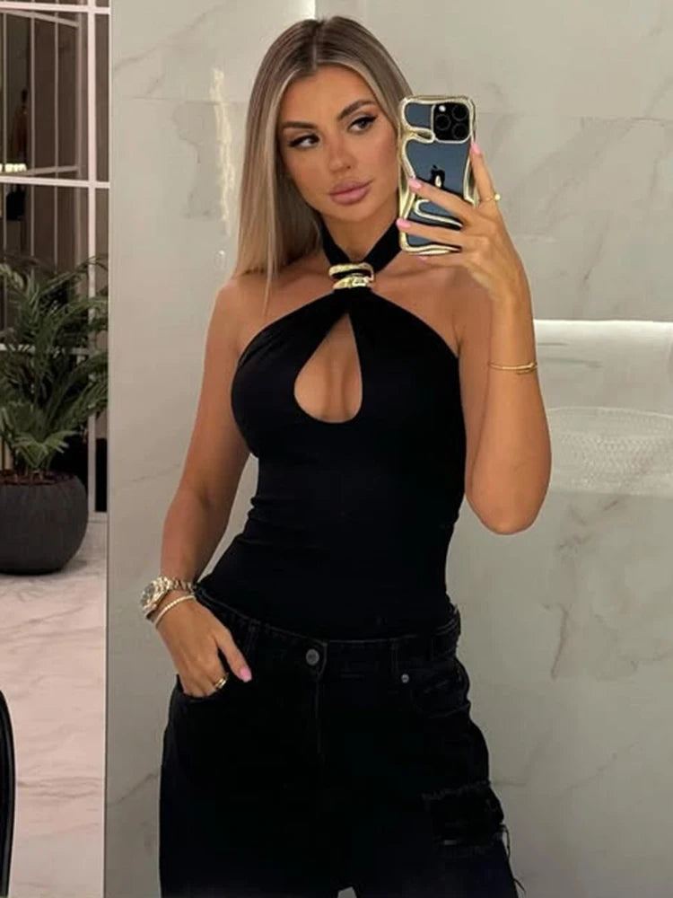 Halter Hollow Out Sexy Crop Tops Pullovers Women Vest Summer New Ring Metal Off-shoulder Tank Tops Female Skinny Top