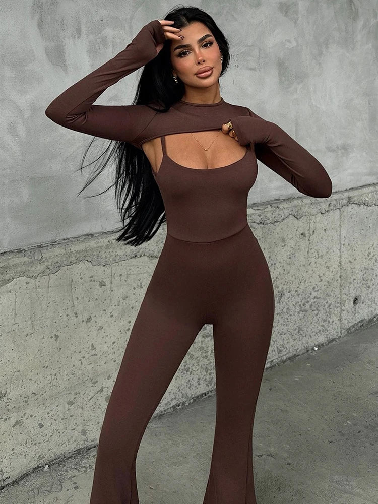 Sexy Hollow Out Jumpsuits Sets Women Fashion Solid Long Sleeve Shawl And Jumpsuits Female Elegant Two Piece Sets