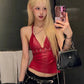 Sexy Metal Decoration Camisole Women v-Neck Faux Leather Midnight Hottie Music Festival Wild Fashion Classic Streetwear
