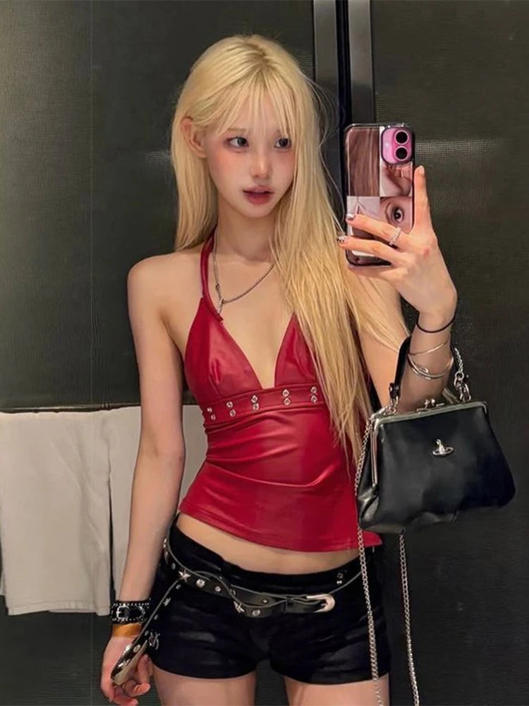 Sexy Metal Decoration Camisole Women v-Neck Faux Leather Midnight Hottie Music Festival Wild Fashion Classic Streetwear