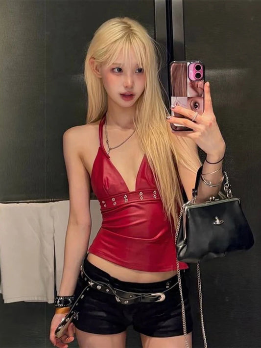 Sexy Metal Decoration Camisole Women v-Neck Faux Leather Midnight Hottie Music Festival Wild Fashion Classic Streetwear