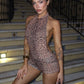 Sexy Backless Rompers Woman Leopard Print Halter Sleeveless Skinny Peach Hip Hot Girls High Street Fashion Playsuits