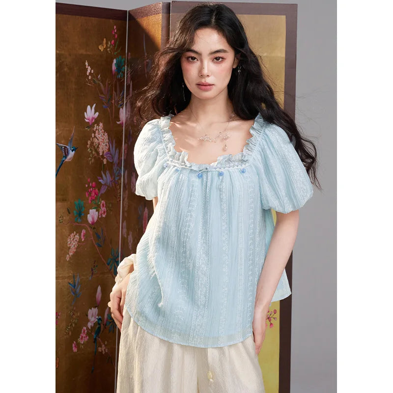 Women's Lace Embroidered Square Neck Blouse, Puff Sleeve Ruffle Neck Casual Loose Top