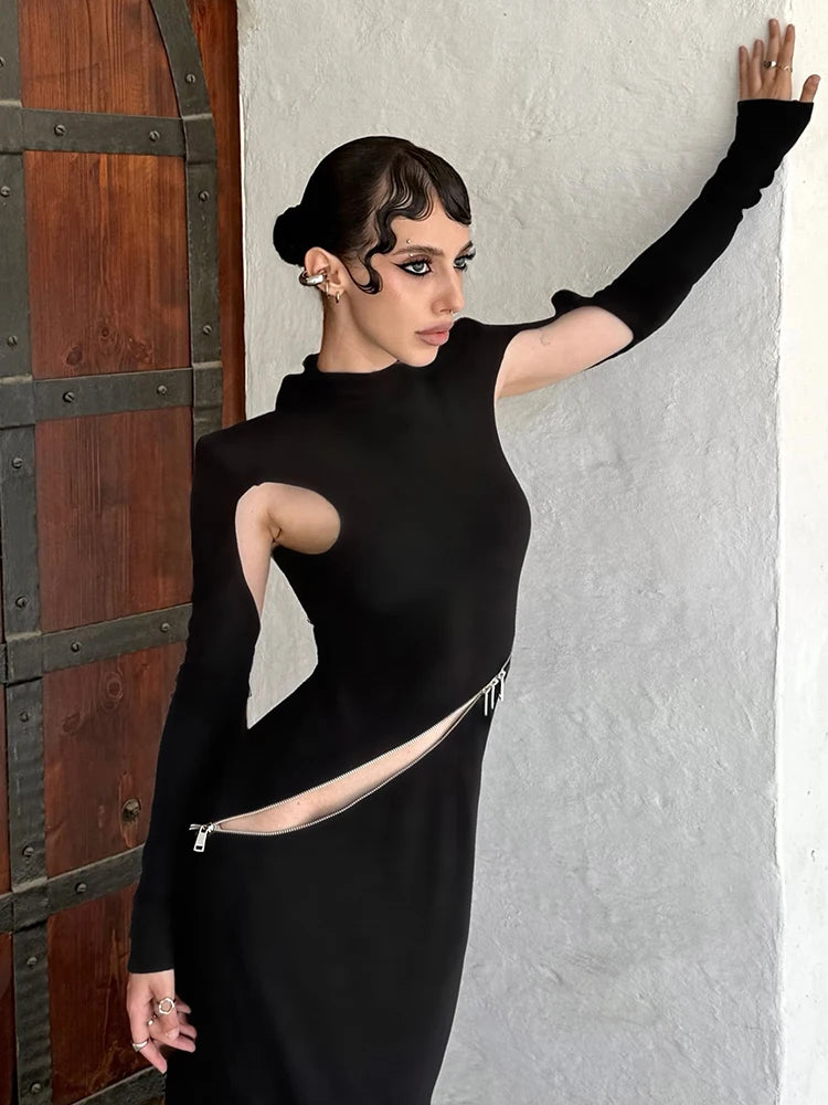 Sexy Irregular Hollow Dress Women Asymmetrical Zip New Style Trend Fashion Elegant Stretch Skinny Street Maxi Bodycon