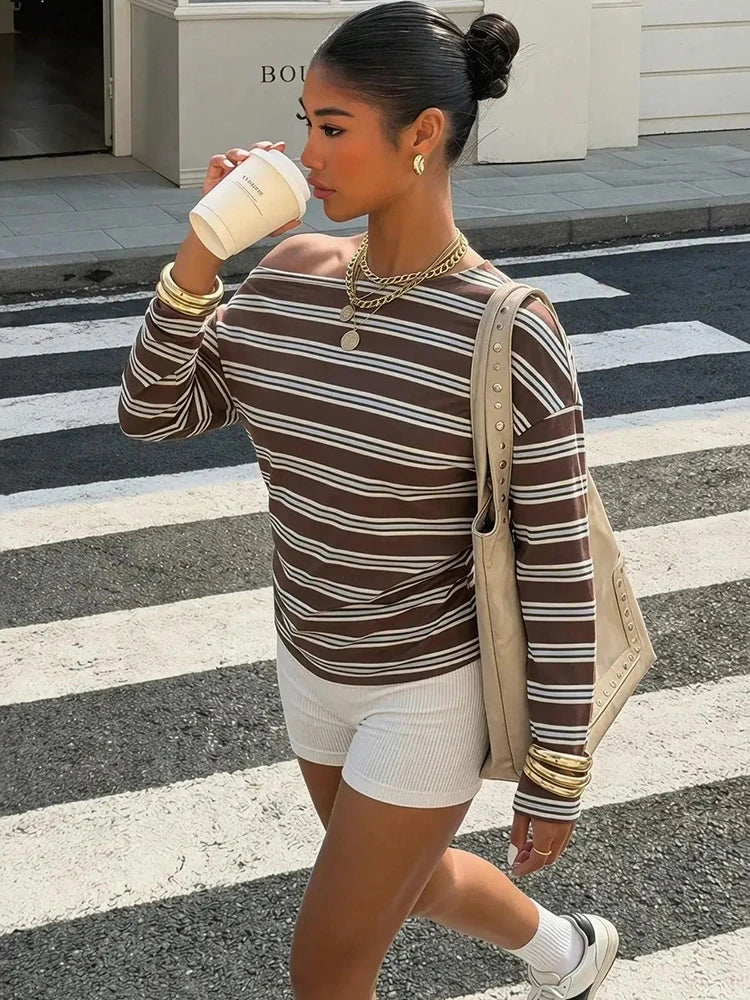Casuals Striped Print T-Shirt Women Autumn Trend Chic Skew Collar Off-Shoulder Full Sleeve Fashion Street Sporty Tees