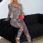 Leopard Print Jumpsuit Women Sexy See Through Low-Neck Hollow Full Sleeve Backless Midnight Trend Club Party Overalls