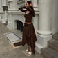2 Piece Sets Long Sleeve Top and Matching Asymmetrical Midi Skirt Coords Set for Woman Elegant Fall Outfits